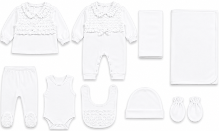 Costumase toamna-iarna - Set cadou Nou-nascut/Bebelusi, 0-3 luni, 10 piese, Bumbac 100% anti-alergic, Colectie de Lux, Alb