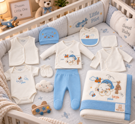 Costumase - Set complet pentru bebeluși din bumbac organic, pentru cadou si maternitate, Alb-albastru