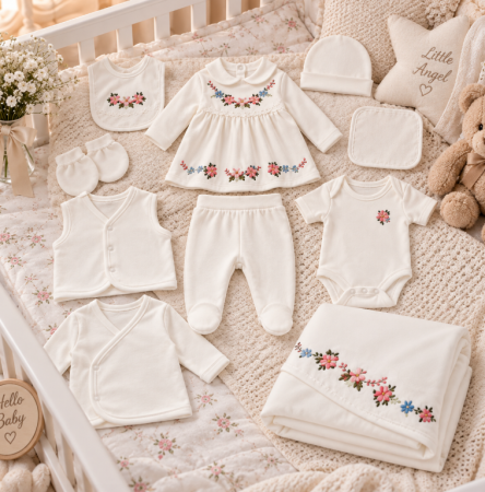 Hainute bumbac organic - Set complet pentru bebeluși din bumbac organic, pentru cadou si maternitate, Cu broderie florala