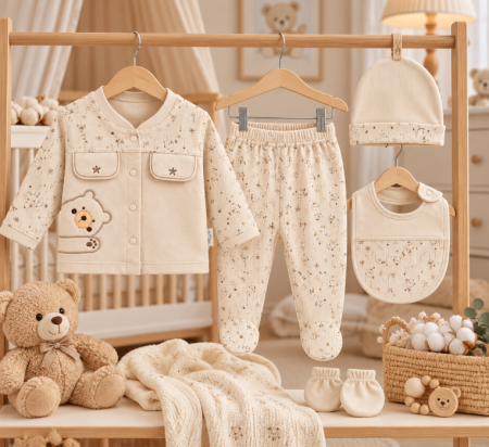 Costum botez - Set complet pentru bebeluși din bumbac organic, pentru cadou si maternitate, cu buzunare, 0-3 luni