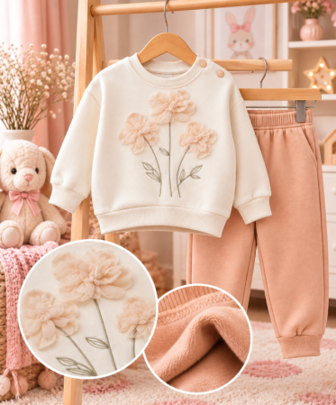 Haine bebe fetite - Set copii, 2 piese, flaușat pe interior, Flori, corai