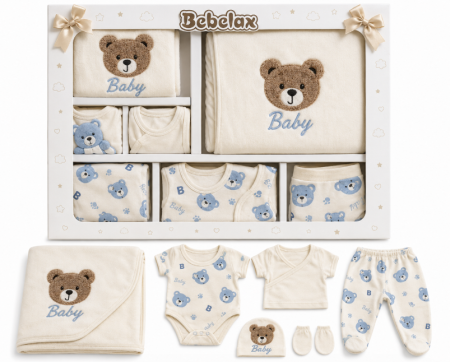 Haine botez - Set costumas, 10 piese, 0-3 luni, Bumbac, Albastru Turcoaz