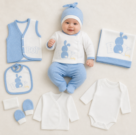 Hainute bumbac organic - Set costumas, 10 piese, 0-3 luni, Bumbac organic, Iepuras, Albastru Turcoaz