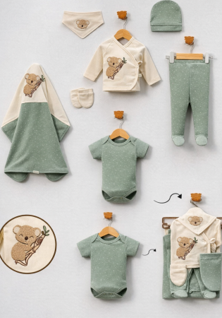 Set nou nascut - Set costumas, 10 piese, 0-3 luni, Bumbac organic, Kaola, Albastru Turcoaz