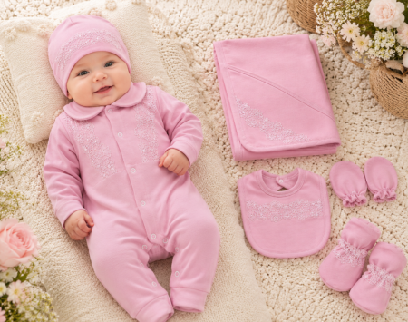 Rochita botez - Set costumas, 7 piese, Bumbac natural, roz