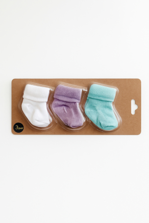 Set de 3 perechi de Șosete simple pentru bebeluși, 0-3 luni, alb, mov si verde [1]