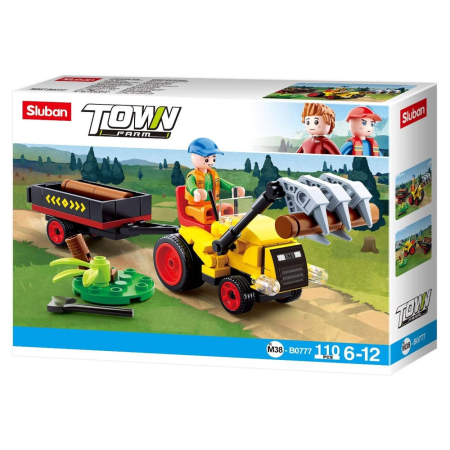 Puzzle si jocuri de construit - Set de constructie Farm, 110 piese, Tractor cu remorca lemne - Sluban