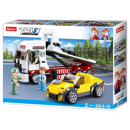 Puzzle si jocuri de construit - Set de constructie Town, 338 piese, Echipa de interventie - Camion cu platforma - Sluban
