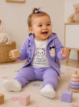 Haine bebe fetite - Set din bumbac 3 piese pentru fetițe – hanorac cu glugă, bluză și pantaloni mov