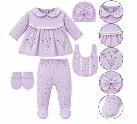 Costumase toamna-iarna - Set din bumbac organic pentru bebeluși – 5 piese, 0-3 luni, Broderie, liliac