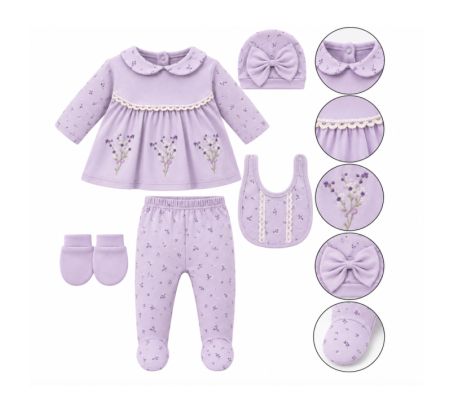Costumase toamna-iarna - Set din bumbac organic pentru bebeluși – 5 piese, 0-3 luni, Broderie, liliac