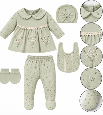 Haine bebe fetite - Set din bumbac organic pentru bebeluși – 5 piese, 0-3 luni, Broderie, verde vintage