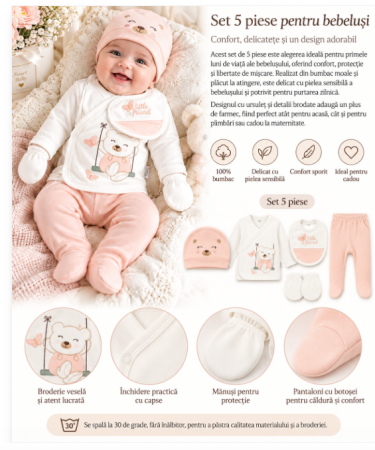 Haine bebe fetite - Set din bumbac organic pentru bebeluși – 5 piese, 0-3 luni, Corai