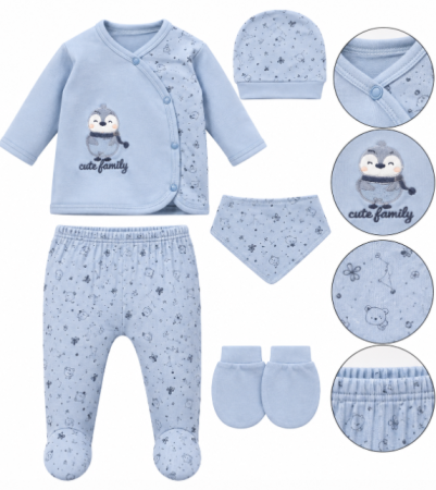 Haine bebe baietei - Set din bumbac organic pentru bebeluși – 5 piese, 0-3 luni, Familia fericita, albastru