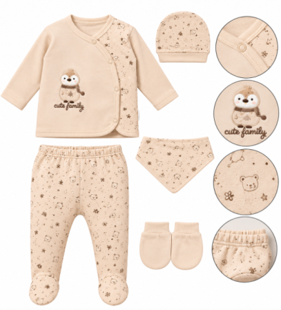 Haine bebe fetite - Set din bumbac organic pentru bebeluși – 5 piese, 0-3 luni, Familia fericita, bej