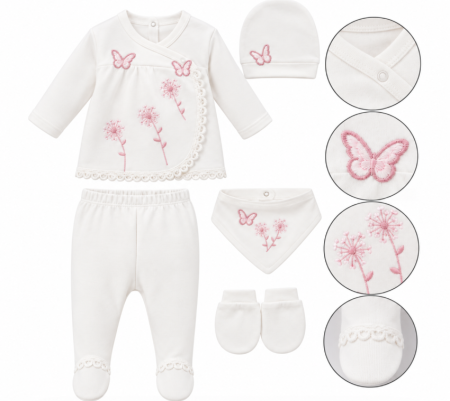 Costumase toamna-iarna - Set din bumbac organic pentru bebeluși - 5 piese, 0-3 luni, Flori de camp, roz