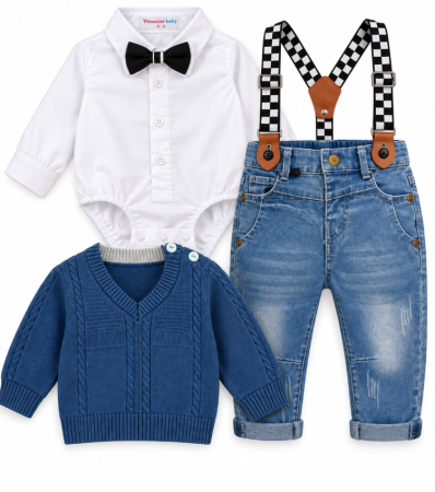 Set nou nascut - Set elegant pentru băieței cu body, 5 piese, pulover tricotat, papion și pantaloni cu bretele, Albastru