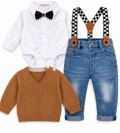 Set nou nascut - Set elegant pentru băieței cu body, 5 piese, pulover tricotat, papion și pantaloni cu bretele, Maro
