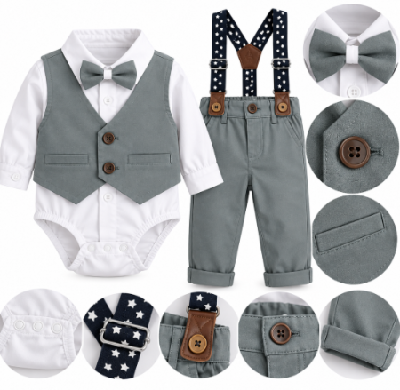 Set nou nascut - Set elegant pentru băieței cu body, vestuță atașată, pantaloni și papion, gri