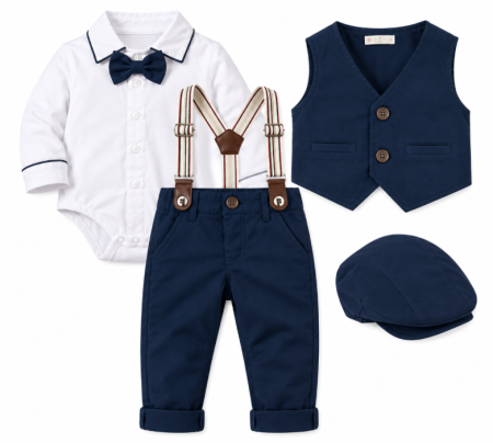 Set nou nascut - Set elegant pentru băieței din bumbac, cu vestă, pantaloni cu bretele, body cu papion și șapcă, Bleumarin