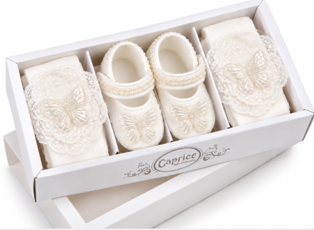Incaltaminte botez - Set elegant pentru bebeluși cu pantofiori, dres și accesorii din dantelă – Caprice Baby Collection, Fluturas