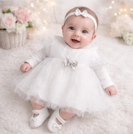 Set nou nascut - Set elegant pentru fetițe,  rochiță tull albă, body și pantofiori, 0-3 luni