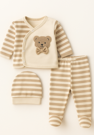 Costumase vara-primavara - Set hainute, 0-3 luni, Ursulet cu papion, Bej