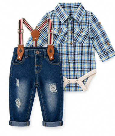 Set nou nascut - Set hăinuțe pentru băieței – Body Cămașă în carouri și blugi denim cu bretele