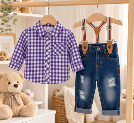 Set nou nascut - Set hăinuțe pentru băieței – Cămașă în carouri și blugi denim cu bretele