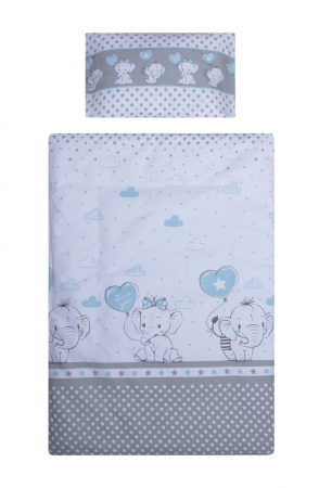 Lenjerii 3 piese - Set lenjerie bumbac 3 piese pentru saltea de 140 x 70 cm, Love Elephants Blue, Beberoyal