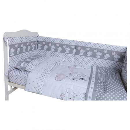 Set lenjerie bumbac 3 piese pentru saltea de 140 x 70 cm, Love Elephants Roz, Beberoyal [2]
