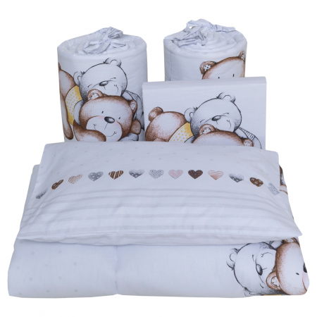 Set lenjerie bumbac 3 piese pentru saltea de 140 x 70 cm, Teddy Bear&Hearts Alb, Beberoyal [1]