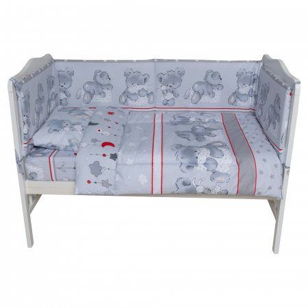 Set lenjerie bumbac 3 piese pentru saltea de 140 x 70 cm, Ursuleti iepurasi gri, Beberoyal [1]