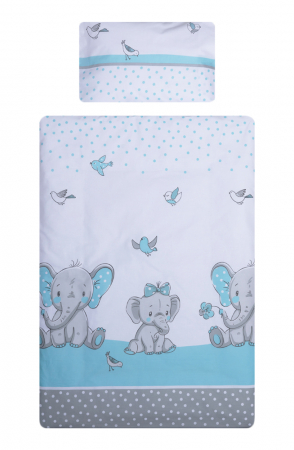 Pentru bebe - Set lenjerie bumbac cu baldachin 8 piese pentru saltea de 120 x 60 cm, Elefant&Birds Blue