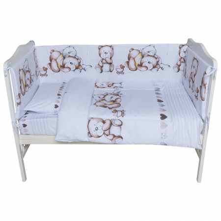 Set lenjerie bumbac cu baldachin 8 piese pentru saltea de 120 x 60 cm, Teddy Bear&Hearts Alb [3]