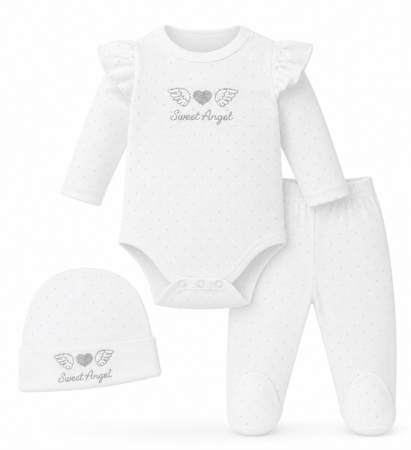 Hainute bumbac organic - Set Luxury „Sweet Angel” din Bumbac Organic, 0-3 luni, alb-argintiu