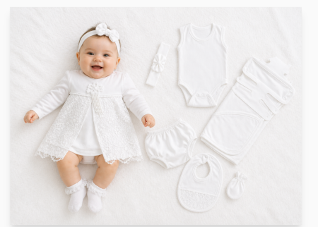 Haine bebe fetite - Set maternitate cu rochita, alb, 0-3 luni