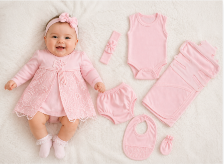 Set nou nascut - Set maternitate cu rochita, roz, 0-3 luni