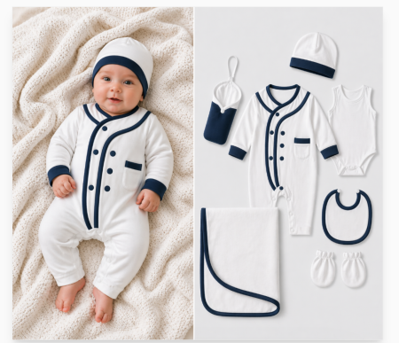 Set nou nascut - Set maternitate, cu suport textil biberon, 0-3 luni, alb-albastru