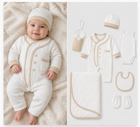 Set nou nascut - Set maternitate, cu suport textil biberon, 0-3 luni, alb-bej