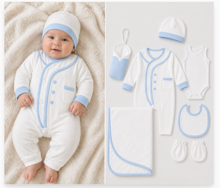 Set nou nascut - Set maternitate, cu suport textil biberon, 0-3 luni, alb bleu