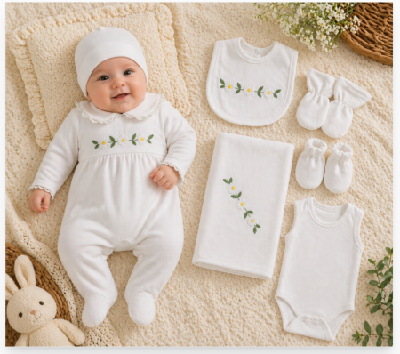 Set nou nascut - Set maternitate, model margarete, brodat, 0-3 luni, alb
