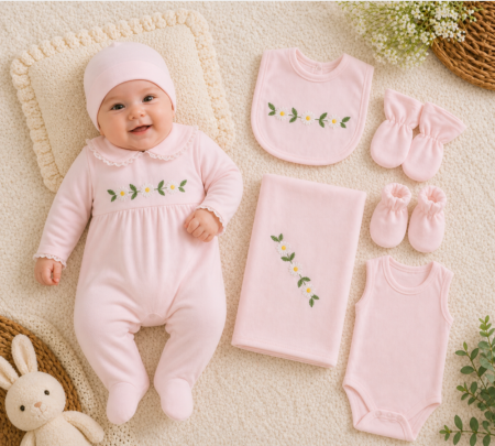 Costumase primavara-vara - Set maternitate, model margarete, brodat, 0-3 luni, roz