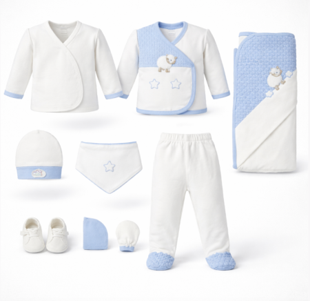 Set nou nascut - Set maternitate, model oita, 10 piese, albastru