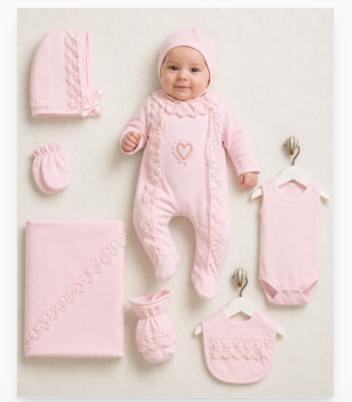 Costumase toamna-iarna - Set maternitate, pentru fetite, Model Imperial cu medalion, cu dantela, roz