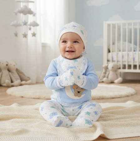 Costumase vara-primavara - Set nou-născut 5 piese din bumbac – bluziță petrecută, pantaloni, căciuliță, botoșei și bavețică, 0-3 luni, Bleu