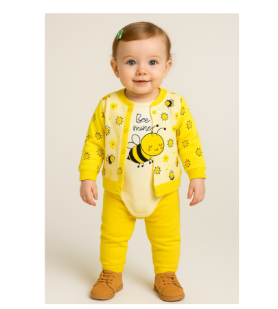 Haine bebe fetite - Set pentru bebeluși, compleu din trei piese cu volanas, albinuta