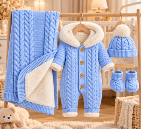 Haine bebe baietei - Set pentru bebeluși din 4 piese – Salopetă tricotată imblanita, căciulă cu moț, păturică pufoasă și botoșei, 0-3 luni, albastru