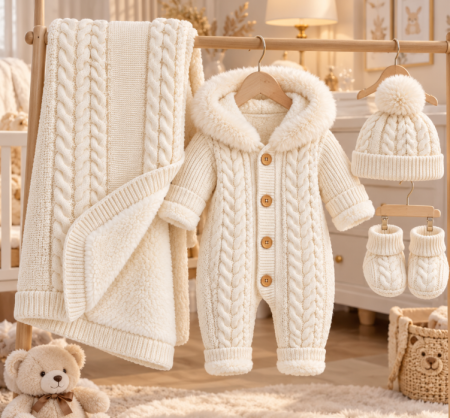 Haine bebe baietei - Set pentru bebeluși din 4 piese – Salopetă tricotată imblanita, căciulă cu moț, păturică pufoasă și botoșei, 0-3 luni, ivore