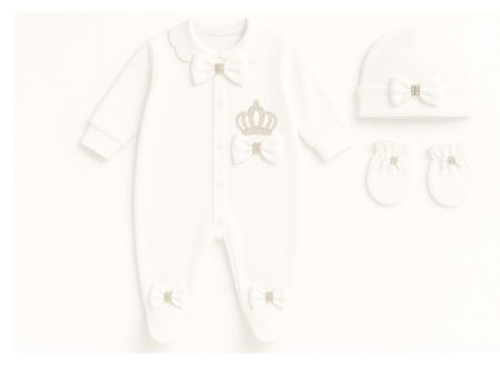 Set salopeta, caciula si manusi, Bumbac pieptanat, Alb [1]